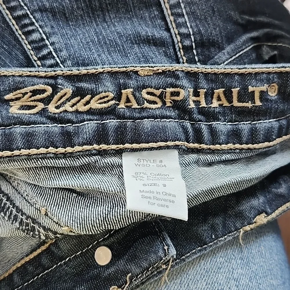 Blue Asphalt cut-off denim shorts, 67% cotton, dark wash with distressing 9